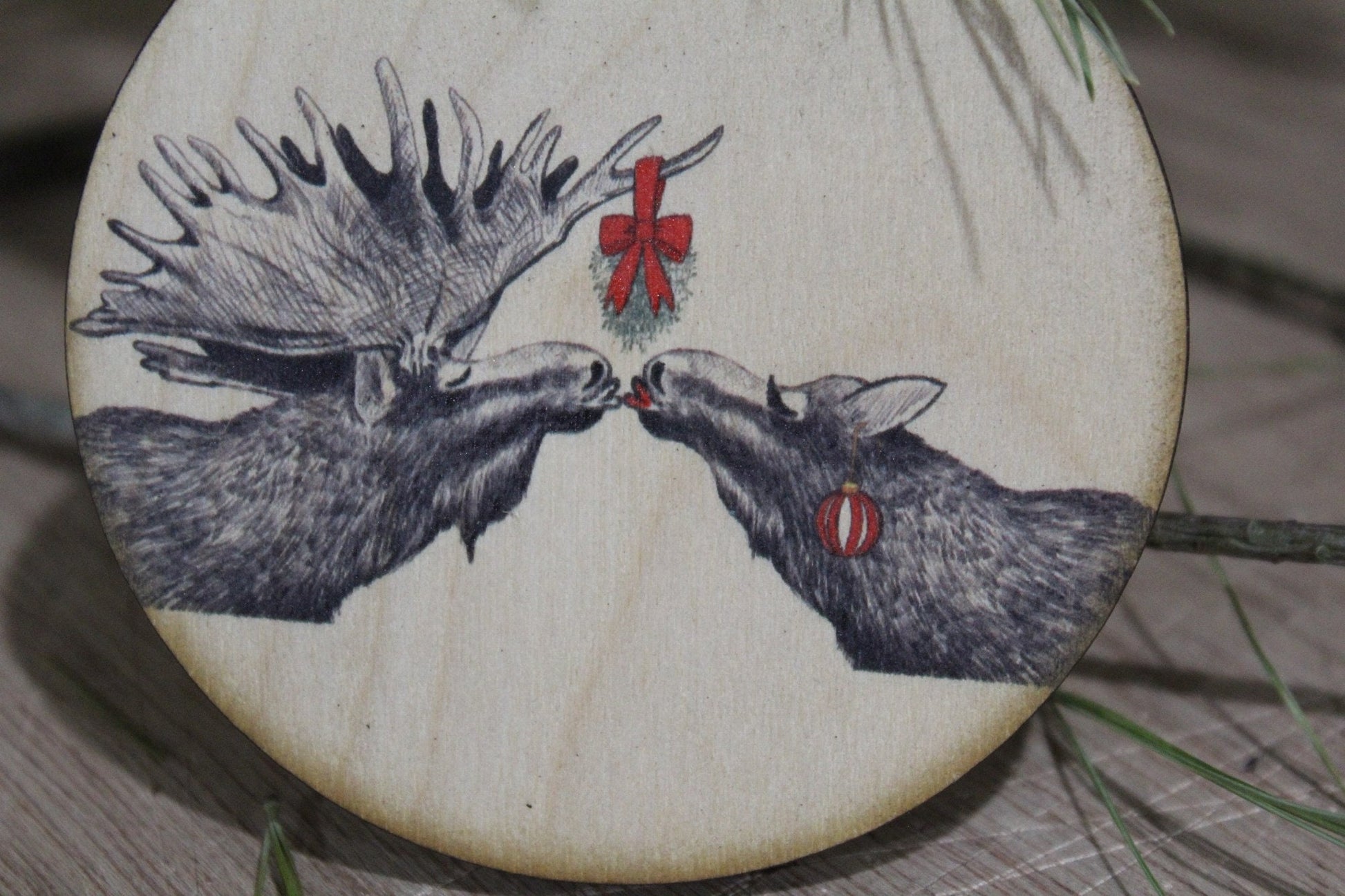 Couple Moose and Bull Christmas Kiss Wood Slice Mistletoe Christmas Mr Mrs Ornament Primitive Face Rustic Tree Printed Antlers Smooch