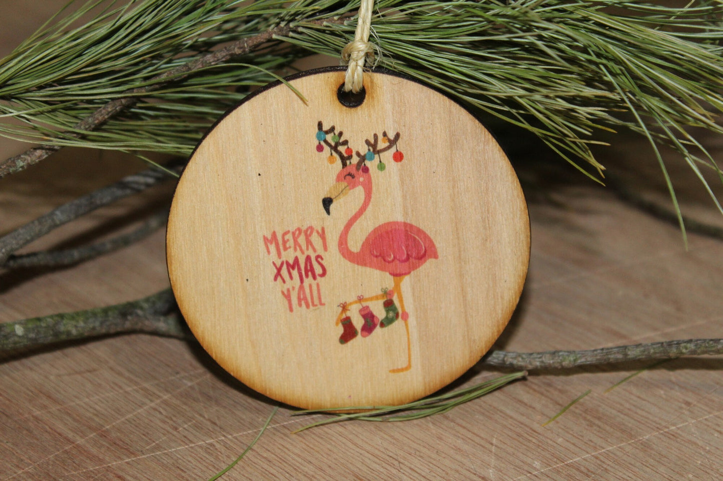 Christmas Flamingo Ornament Merry Xmas Yall Wood Slice Tangled in Christmas Lights Christmas Tree Primitive Rustic Tree Printed Beach Sea