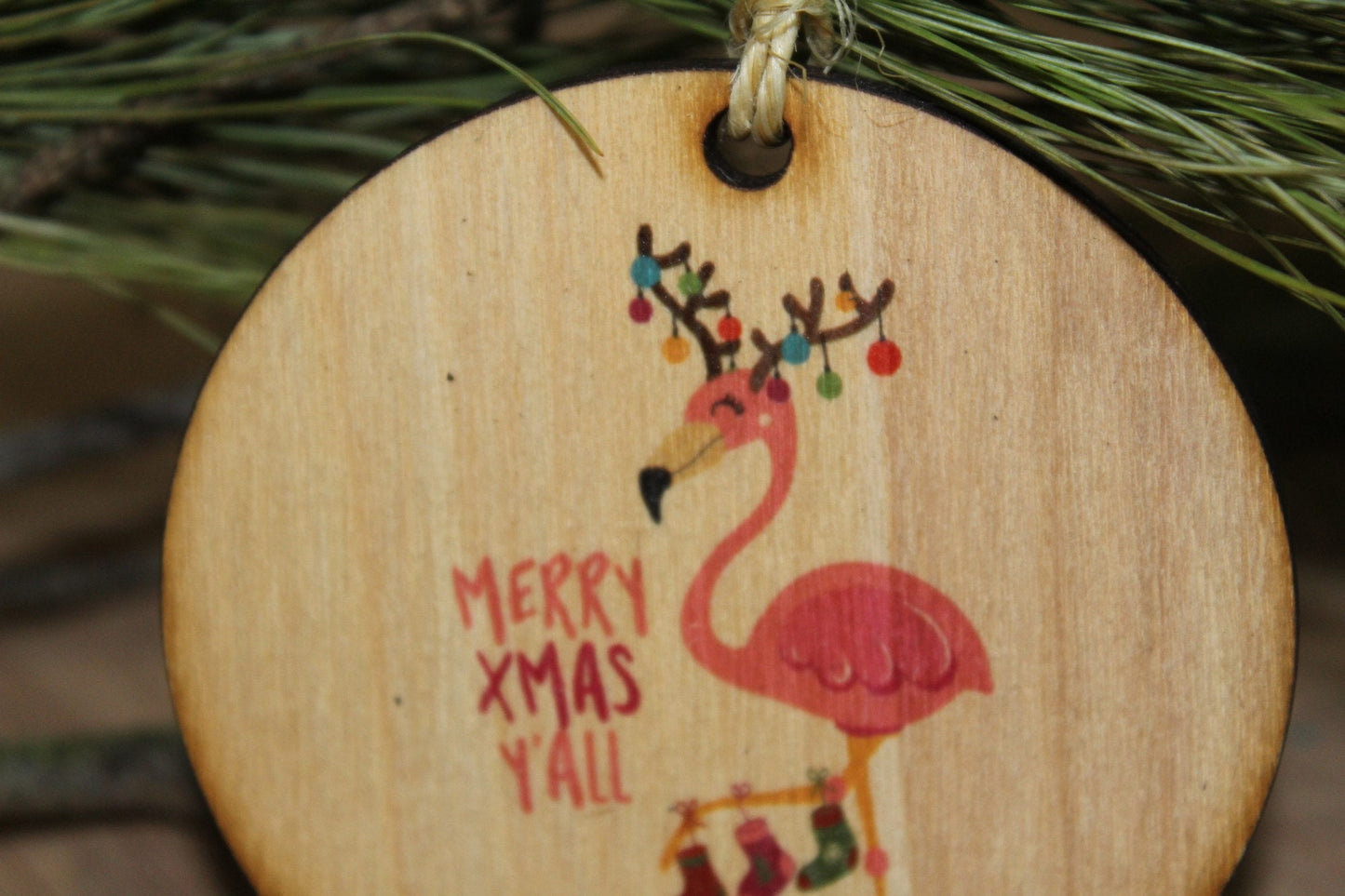 Christmas Flamingo Ornament Merry Xmas Yall Wood Slice Tangled in Christmas Lights Christmas Tree Primitive Rustic Tree Printed Beach Sea