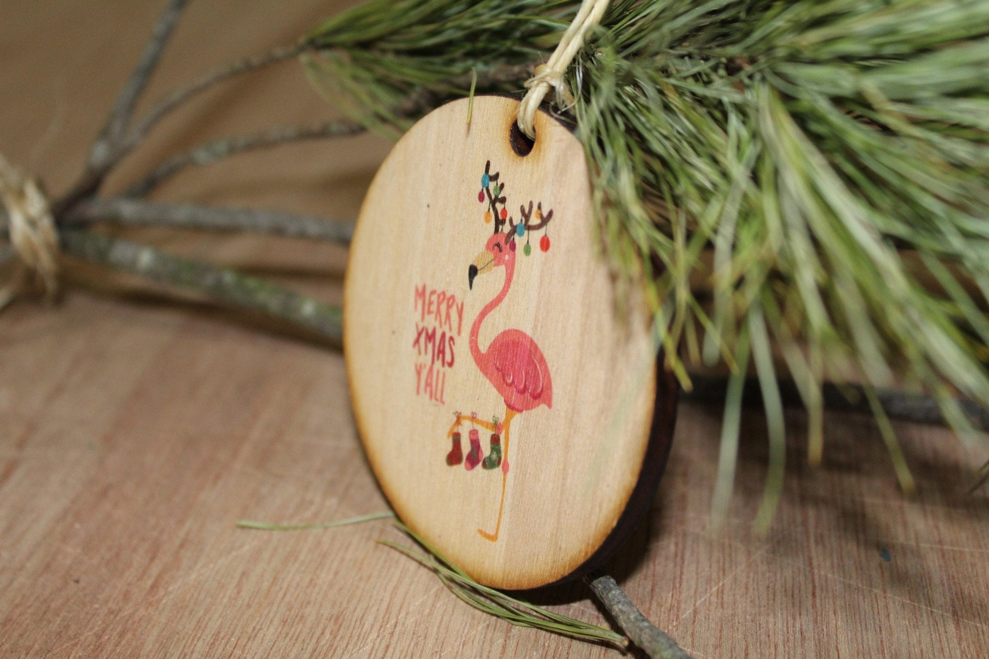 Christmas Flamingo Ornament Merry Xmas Yall Wood Slice Tangled in Christmas Lights Christmas Tree Primitive Rustic Tree Printed Beach Sea