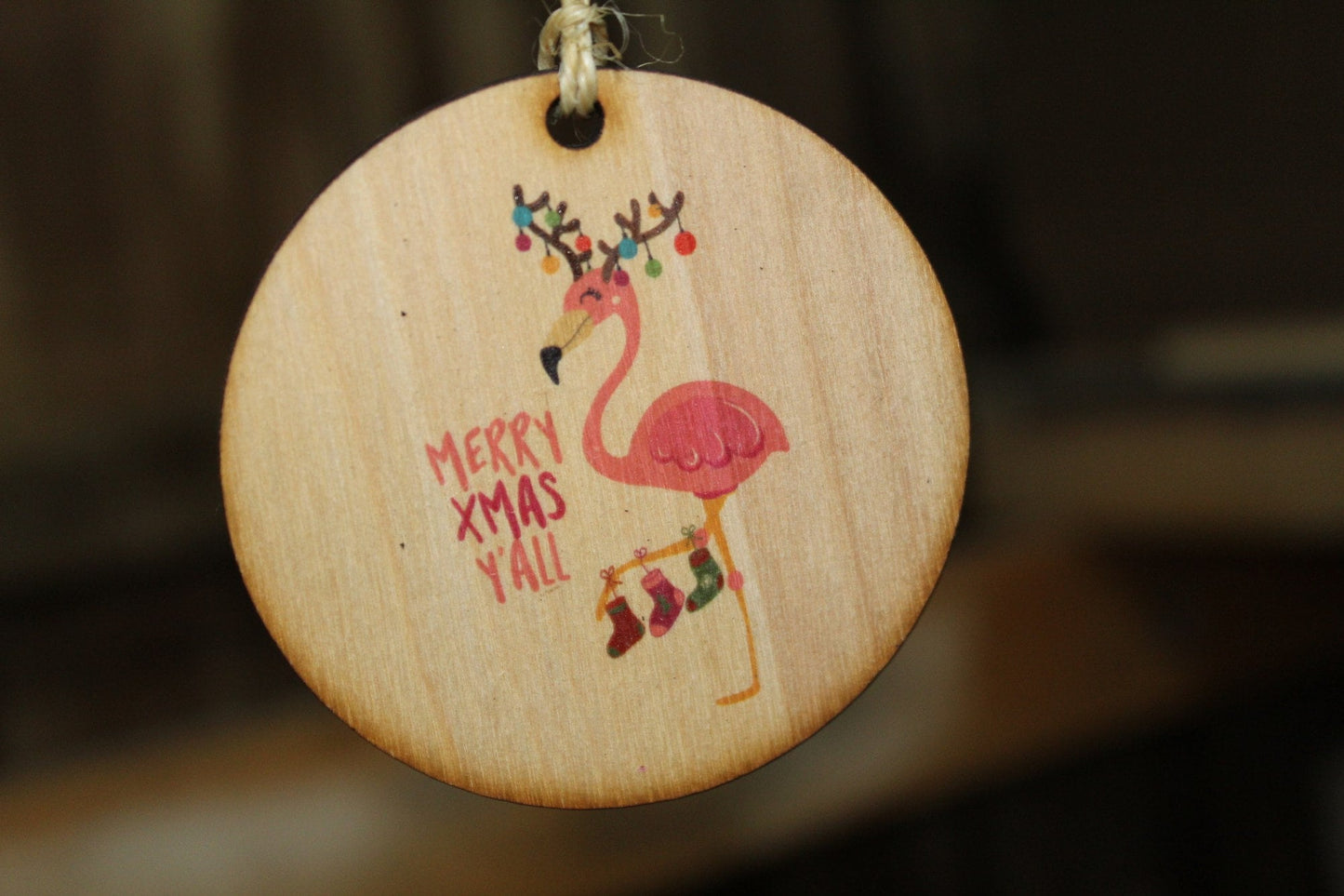 Christmas Flamingo Ornament Merry Xmas Yall Wood Slice Tangled in Christmas Lights Christmas Tree Primitive Rustic Tree Printed Beach Sea