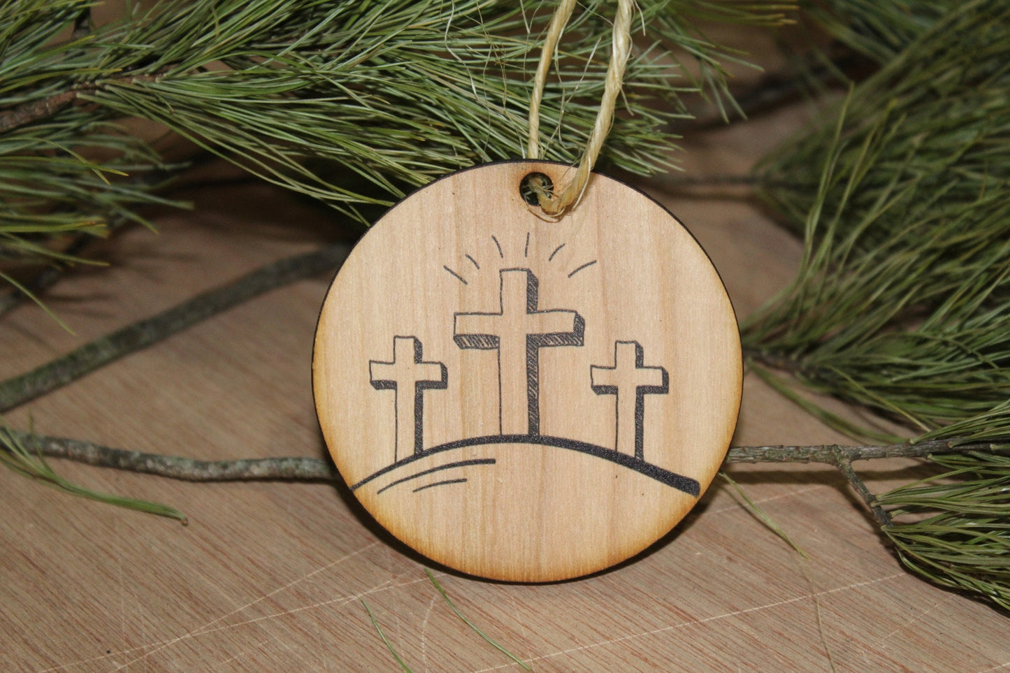 Risen Three Crosses Ornament Wood Slice Cross on the Hill Jesus Second Coming Easter Christmas Tree Primitive Rustic Religious Farmhouse