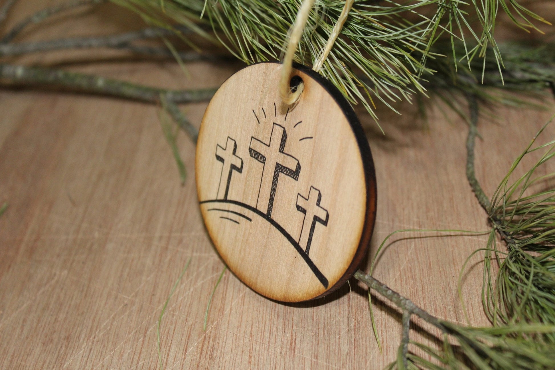 Risen Three Crosses Ornament Wood Slice Cross on the Hill Jesus Second Coming Easter Christmas Tree Primitive Rustic Religious Farmhouse