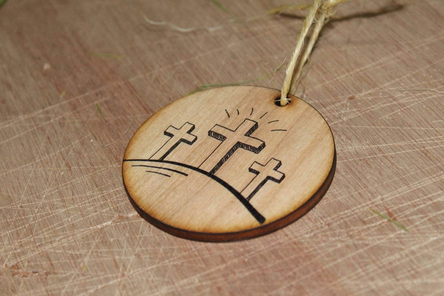 Risen Three Crosses Ornament Wood Slice Cross on the Hill Jesus Second Coming Easter Christmas Tree Primitive Rustic Religious Farmhouse