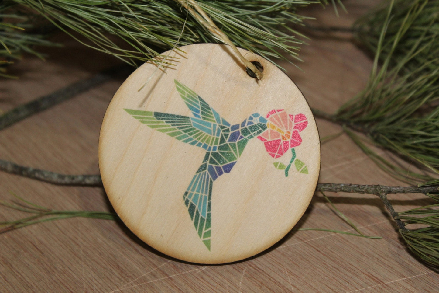 Barn Quilt Hummingbird Ornament Wood Slice Geometric Bird with Flower Pastel Christmas Tree Primitive Rustic Farmhouse