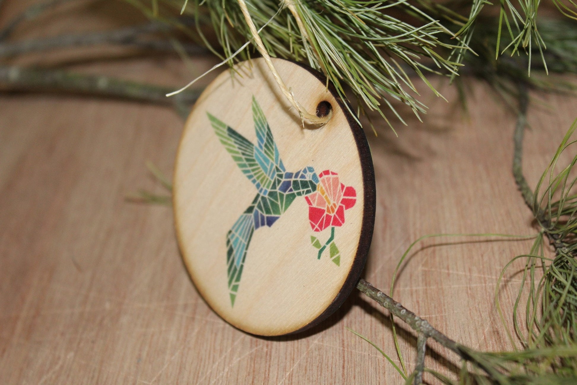 Barn Quilt Hummingbird Ornament Wood Slice Geometric Bird with Flower Pastel Christmas Tree Primitive Rustic Farmhouse