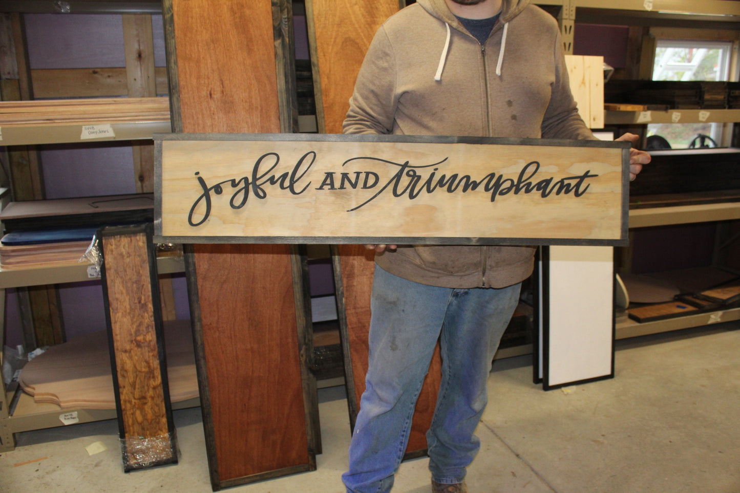 Joyful and Triumphant Sign Winter Wood Christmas Large Raised Text Script Holiday Décor Wall Art Framed 3D Primitive Rustic