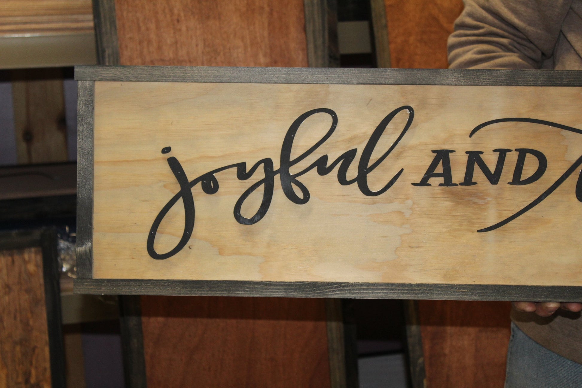Joyful and Triumphant Sign Winter Wood Christmas Large Raised Text Script Holiday Décor Wall Art Framed 3D Primitive Rustic