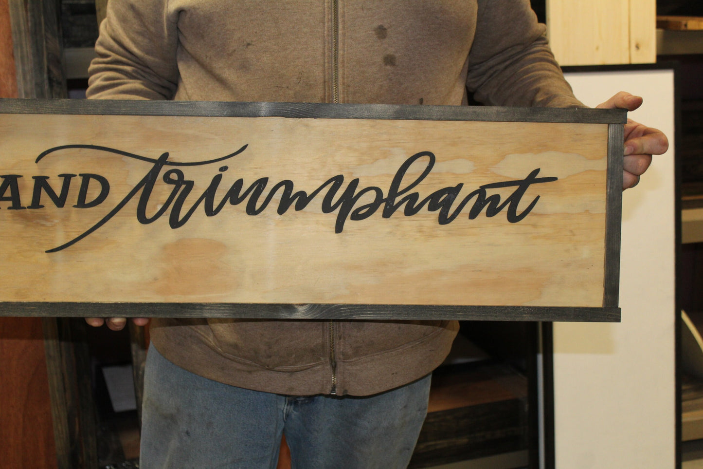 Joyful and Triumphant Sign Winter Wood Christmas Large Raised Text Script Holiday Décor Wall Art Framed 3D Primitive Rustic