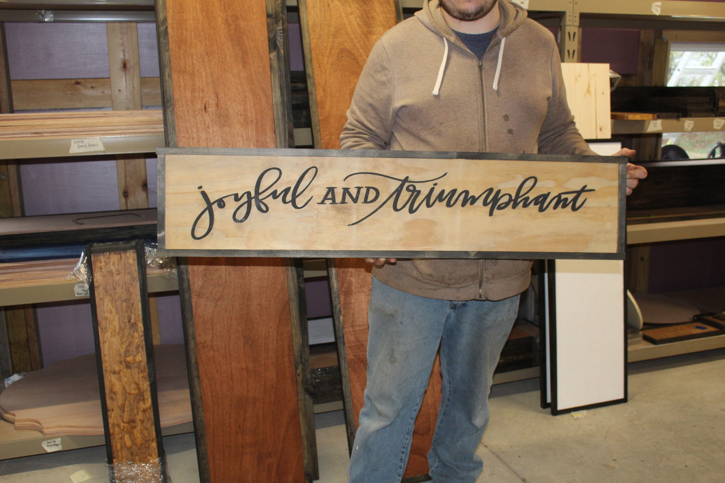 Joyful and Triumphant Sign Winter Wood Christmas Large Raised Text Script Holiday Décor Wall Art Framed 3D Primitive Rustic