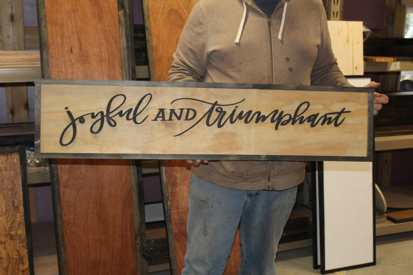 Joyful and Triumphant Sign Winter Wood Christmas Large Raised Text Script Holiday Décor Wall Art Framed 3D Primitive Rustic