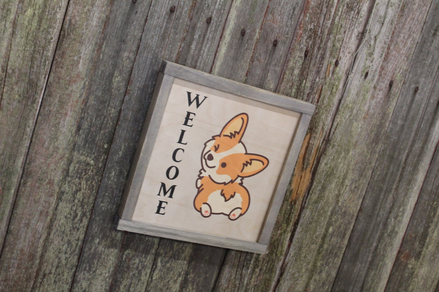 Framed Corgi Welcome Wood Sign Fluffy Butt Winking Dog Welsh Corgi Décor Print Wall Art Decoration Wall Hanging Farmhouse Rustic