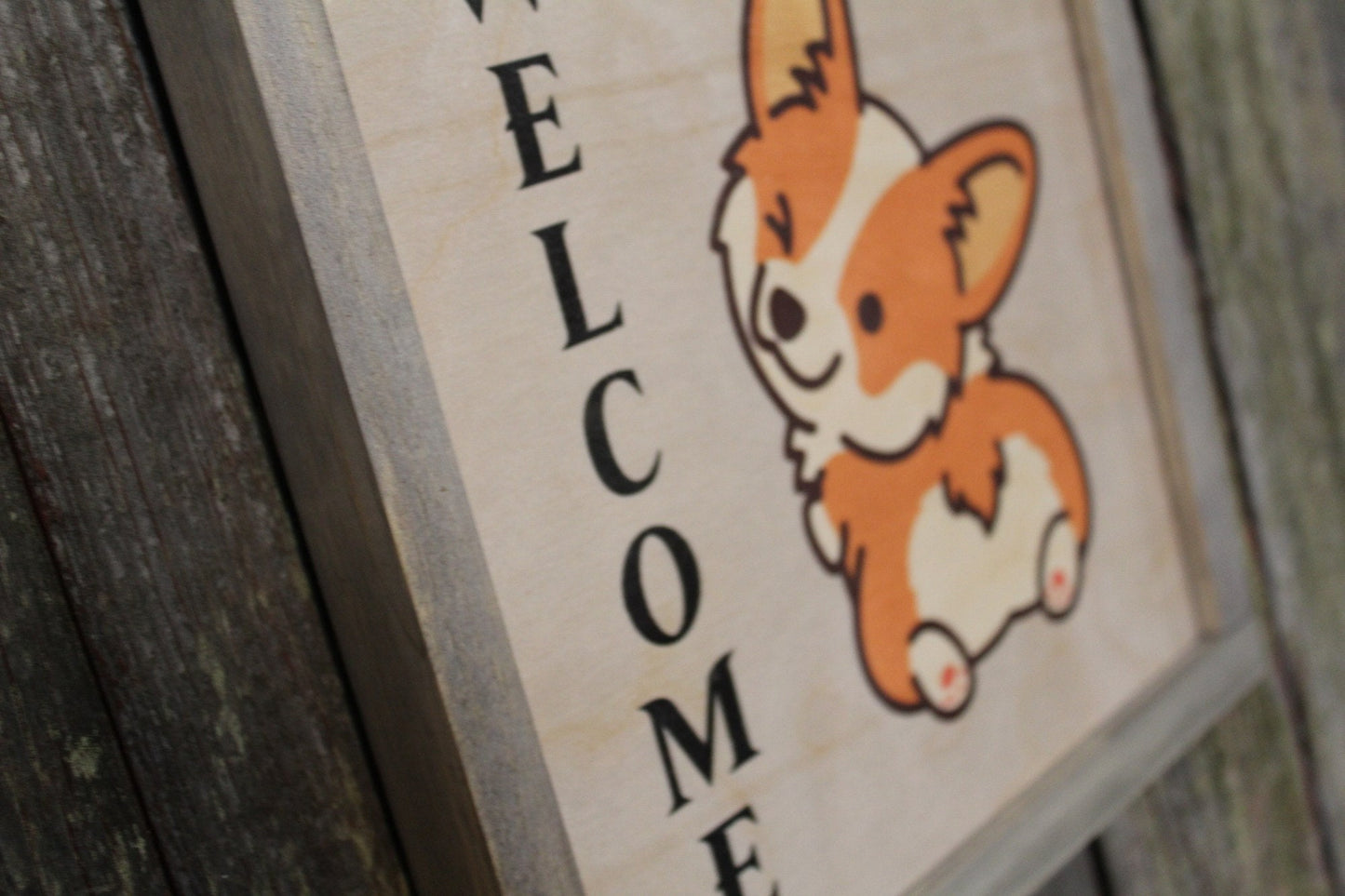 Framed Corgi Welcome Wood Sign Fluffy Butt Winking Dog Welsh Corgi Décor Print Wall Art Decoration Wall Hanging Farmhouse Rustic