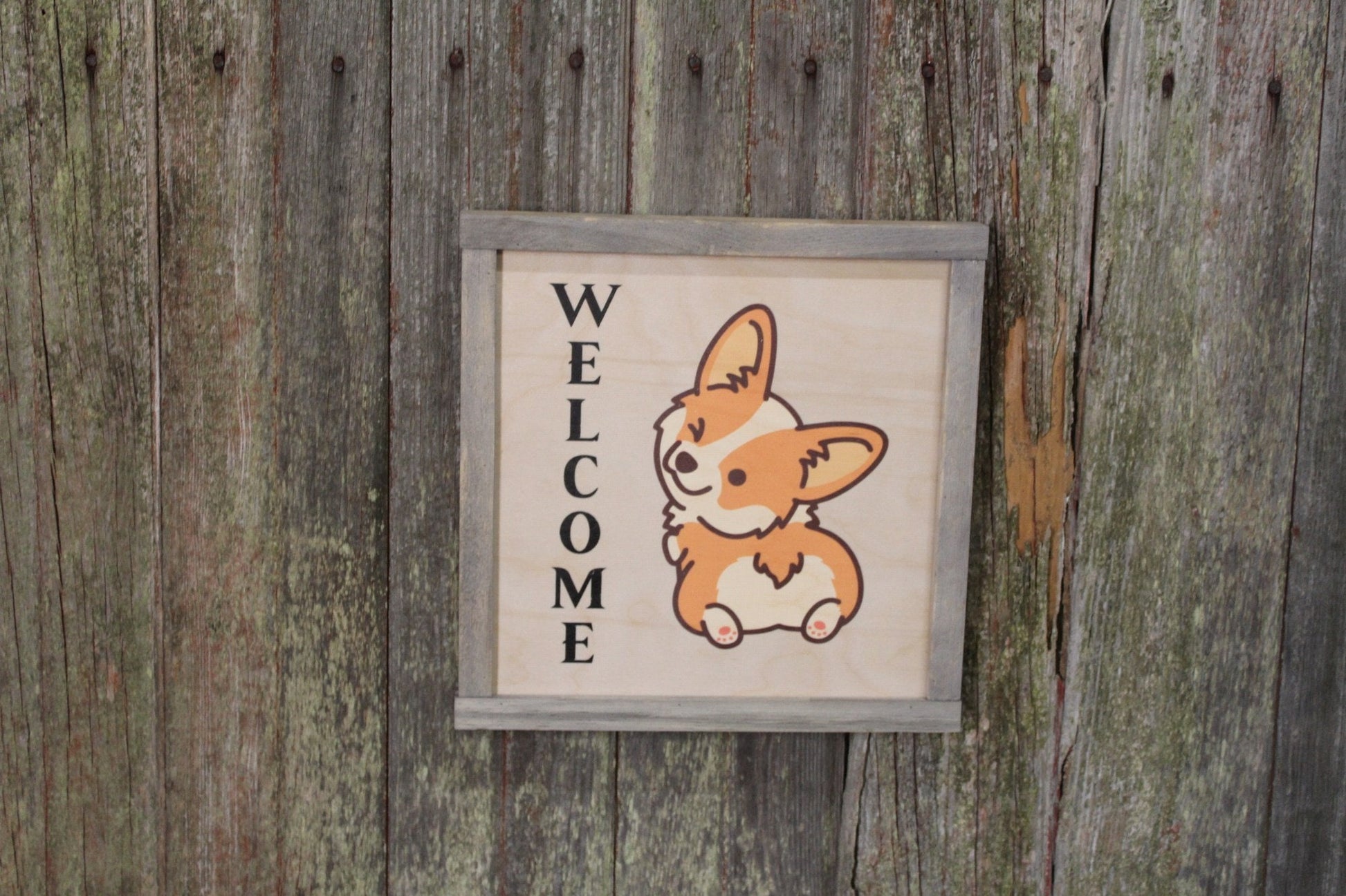 Framed Corgi Welcome Wood Sign Fluffy Butt Winking Dog Welsh Corgi Décor Print Wall Art Decoration Wall Hanging Farmhouse Rustic