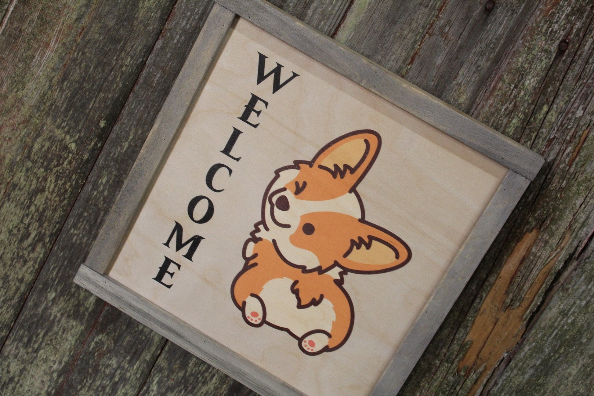 Framed Corgi Welcome Wood Sign Fluffy Butt Winking Dog Welsh Corgi Décor Print Wall Art Decoration Wall Hanging Farmhouse Rustic