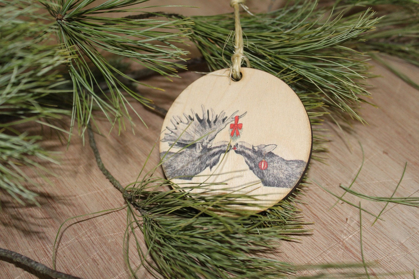 Couple Moose and Bull Christmas Kiss Wood Slice Mistletoe Christmas Mr Mrs Ornament Primitive Face Rustic Tree Printed Antlers Smooch