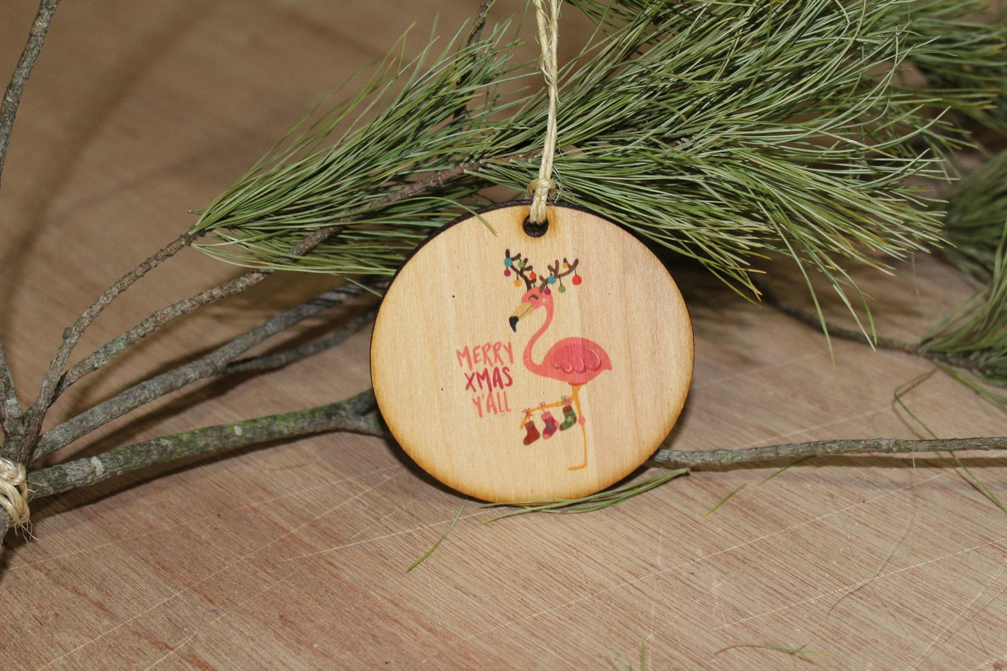 Christmas Flamingo Ornament Merry Xmas Yall Wood Slice Tangled in Christmas Lights Christmas Tree Primitive Rustic Tree Printed Beach Sea