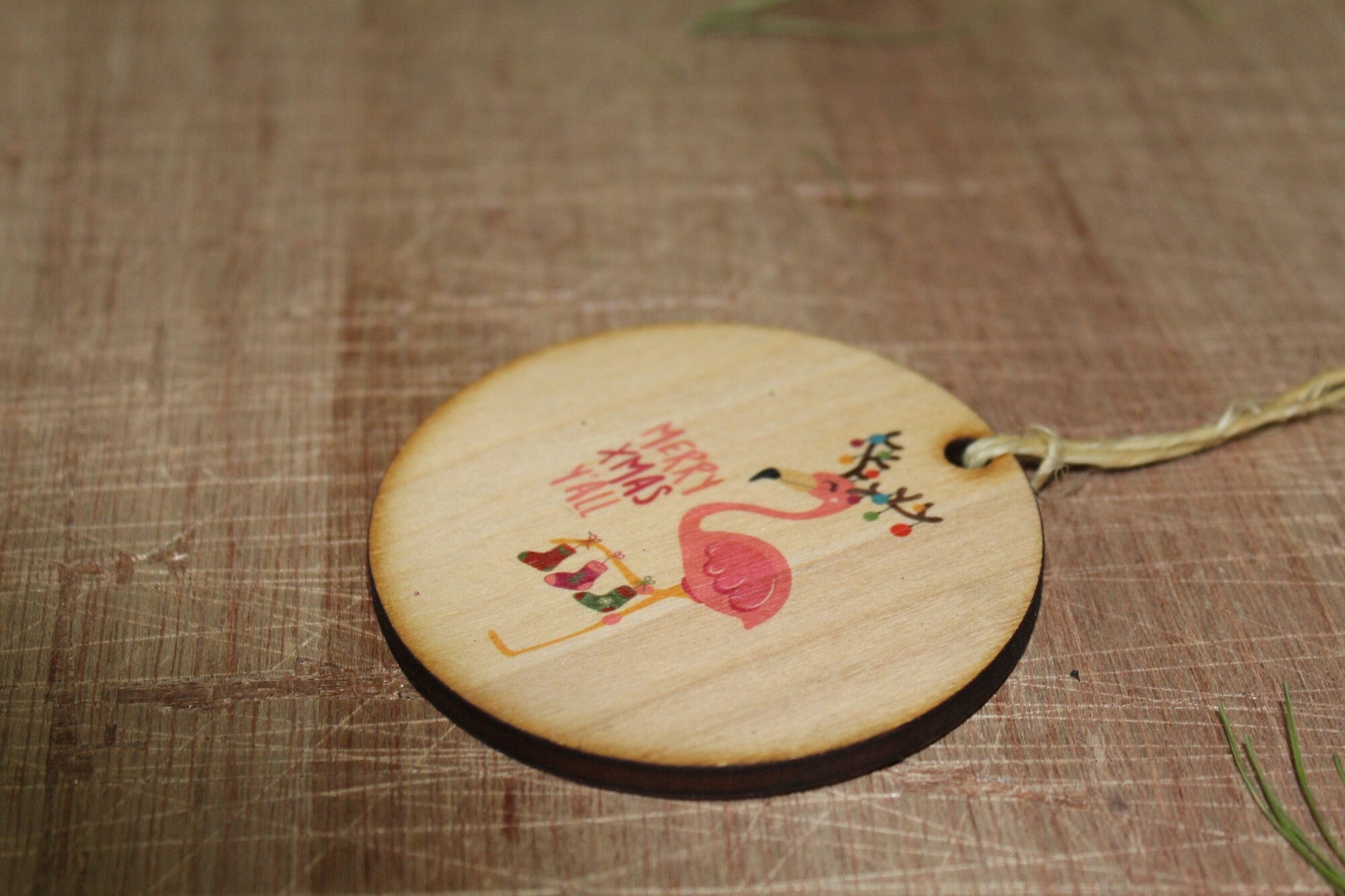 Christmas Flamingo Ornament Merry Xmas Yall Wood Slice Tangled in Christmas Lights Christmas Tree Primitive Rustic Tree Printed Beach Sea