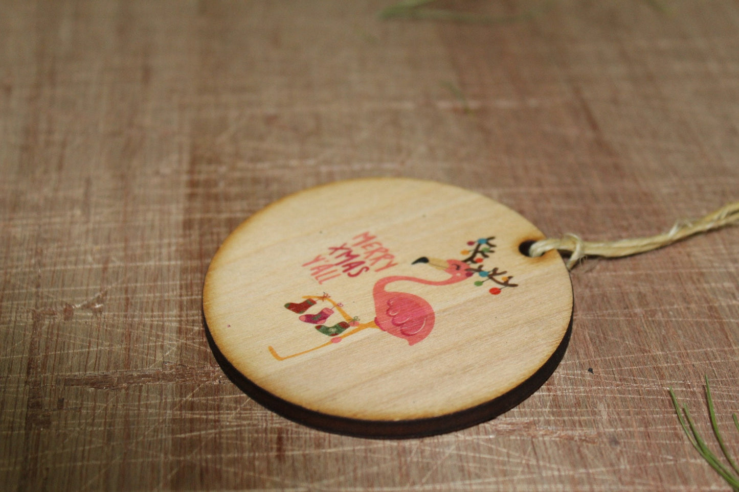 Christmas Flamingo Ornament Merry Xmas Yall Wood Slice Tangled in Christmas Lights Christmas Tree Primitive Rustic Tree Printed Beach Sea