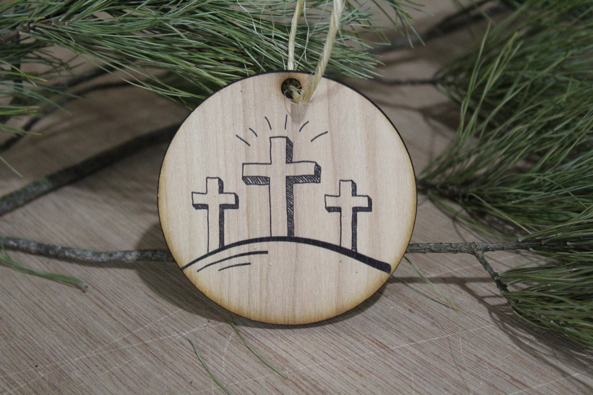 Risen Three Crosses Ornament Wood Slice Cross on the Hill Jesus Second Coming Easter Christmas Tree Primitive Rustic Religious Farmhouse