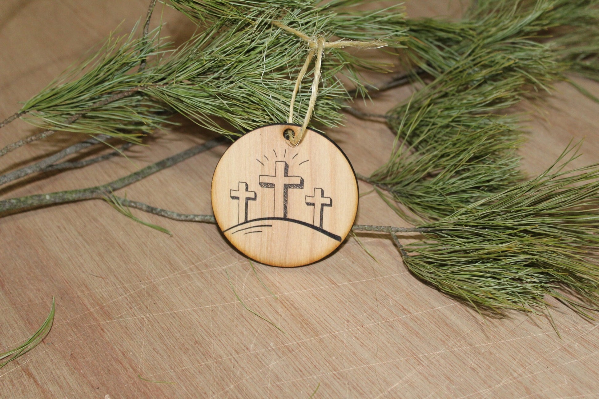 Risen Three Crosses Ornament Wood Slice Cross on the Hill Jesus Second Coming Easter Christmas Tree Primitive Rustic Religious Farmhouse