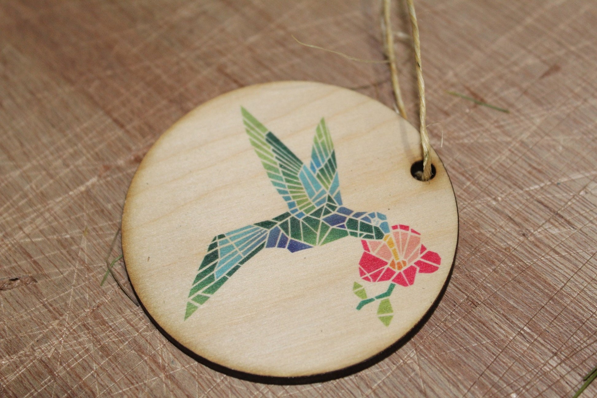 Barn Quilt Hummingbird Ornament Wood Slice Geometric Bird with Flower Pastel Christmas Tree Primitive Rustic Farmhouse