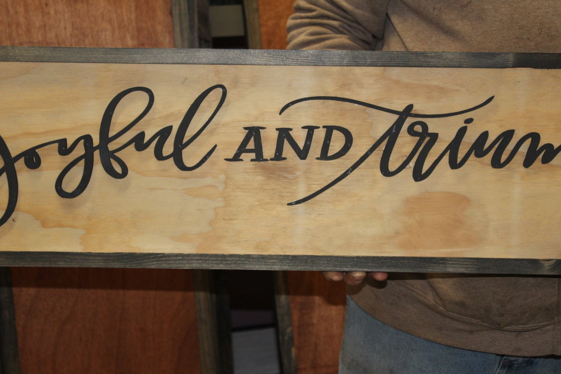 Joyful and Triumphant Sign Winter Wood Christmas Large Raised Text Script Holiday Décor Wall Art Framed 3D Primitive Rustic