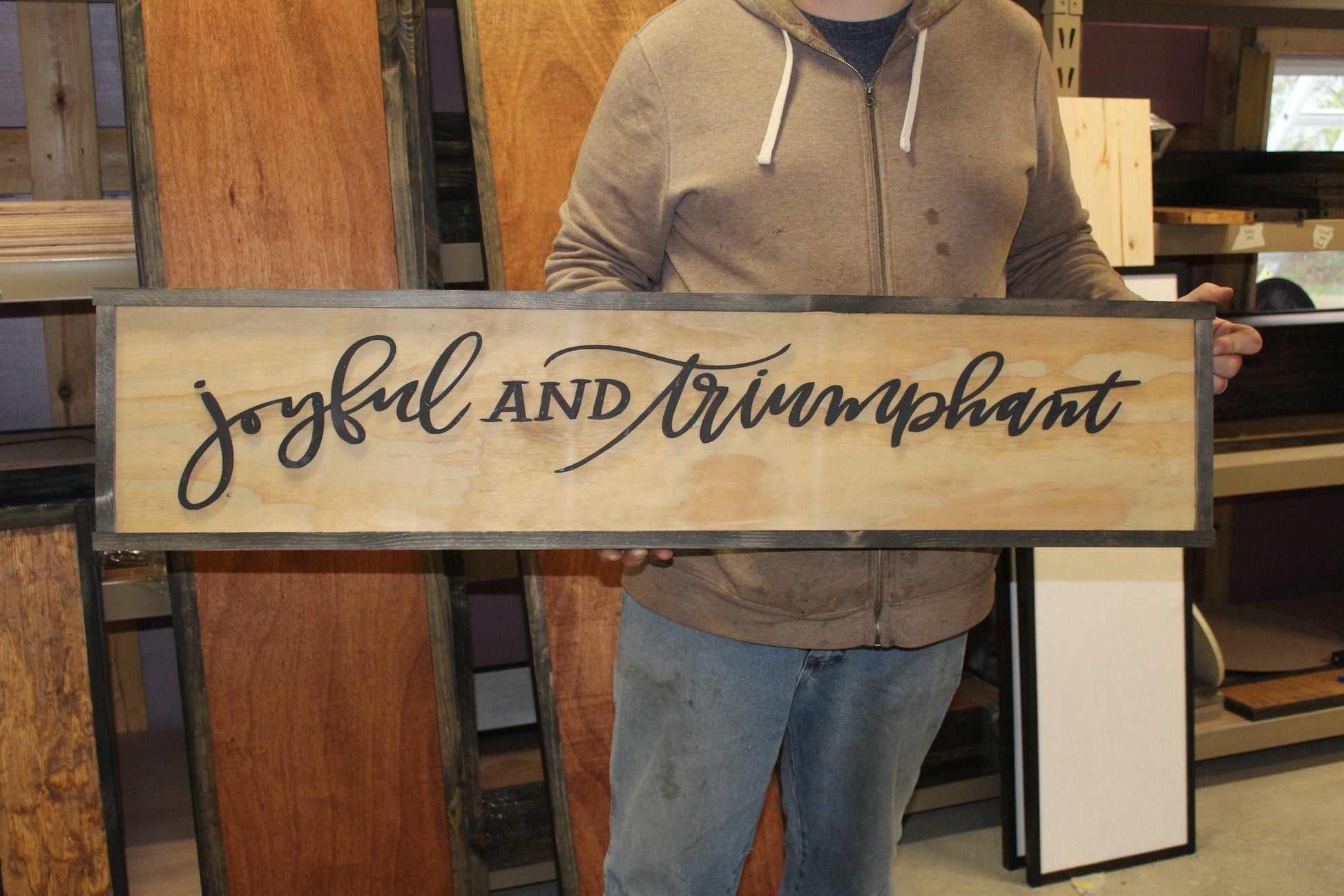 Joyful and Triumphant Sign Winter Wood Christmas Large Raised Text Script Holiday Décor Wall Art Framed 3D Primitive Rustic