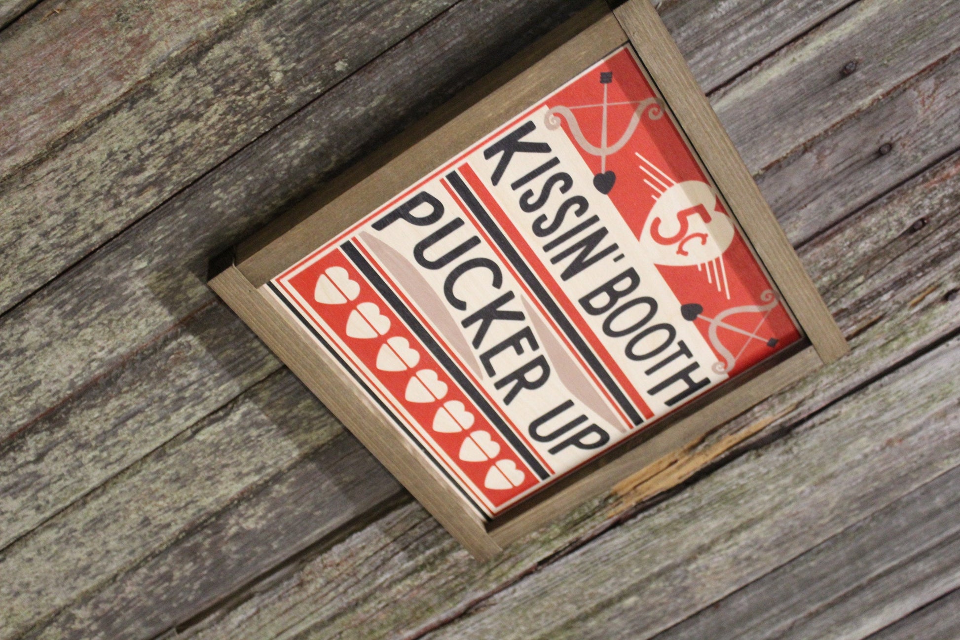 Kissin' Booth Wood Sign Pucker Up Valentines Day Hearts Red Love Kissing Brown Framed Print Wall Art Farmhouse Primitive Rustic Cupids Arrow