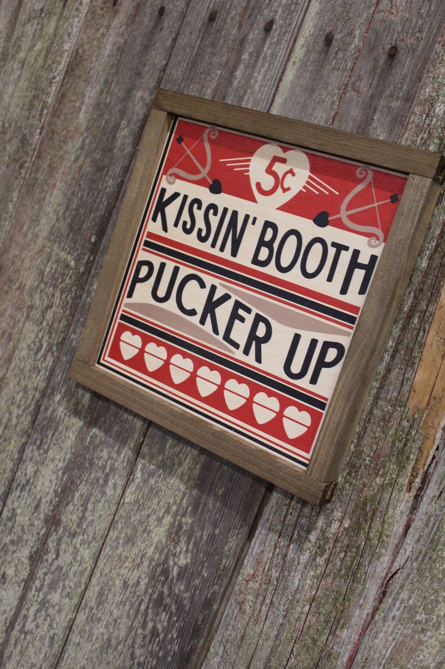 Kissin' Booth Wood Sign Pucker Up Valentines Day Hearts Red Love Kissing Brown Framed Print Wall Art Farmhouse Primitive Rustic Cupids Arrow