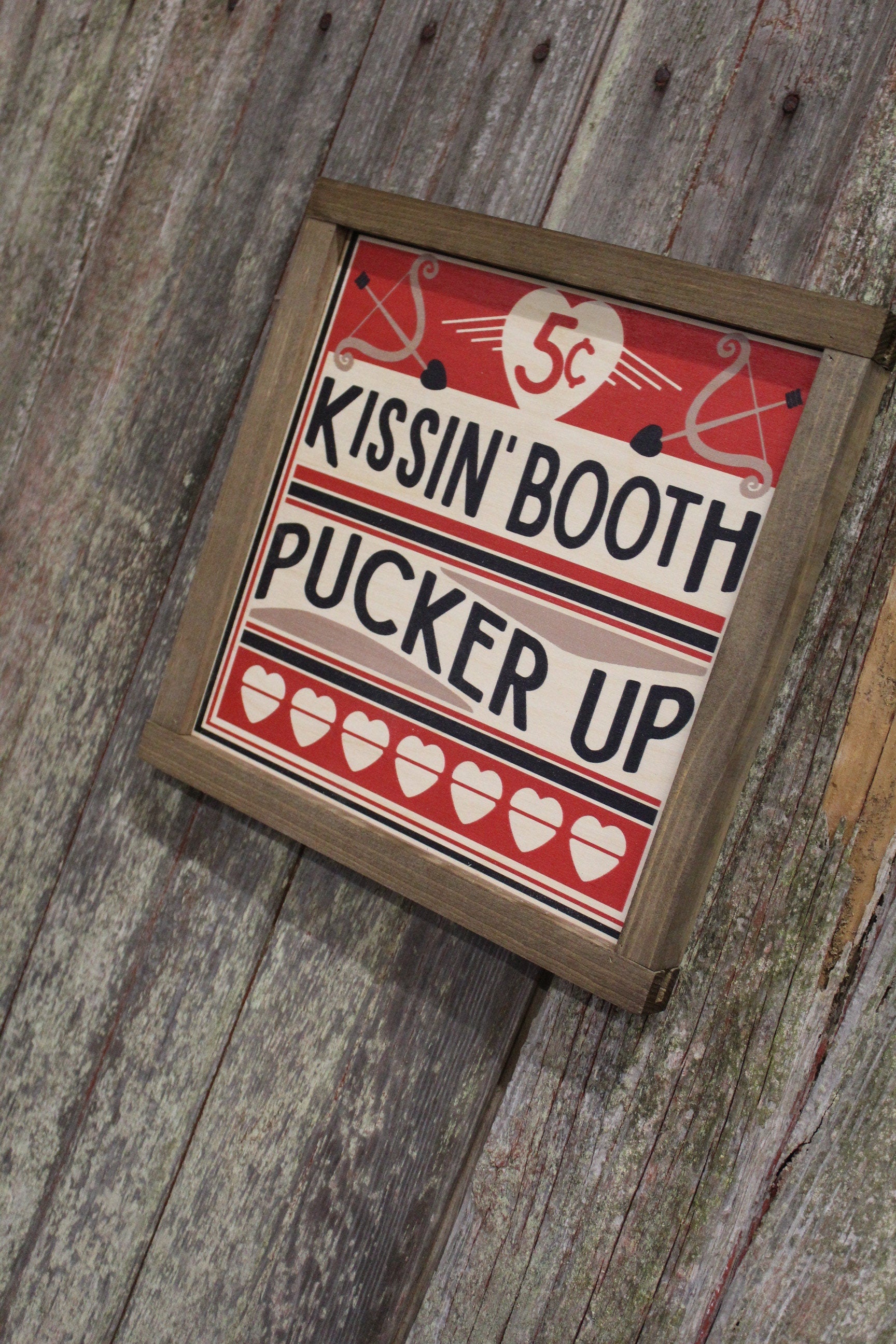 Kissin' Booth Wood Sign Pucker Up Valentines Day Hearts Red Love Kissing Brown Framed Print Wall Art Farmhouse Primitive Rustic Cupids Arrow