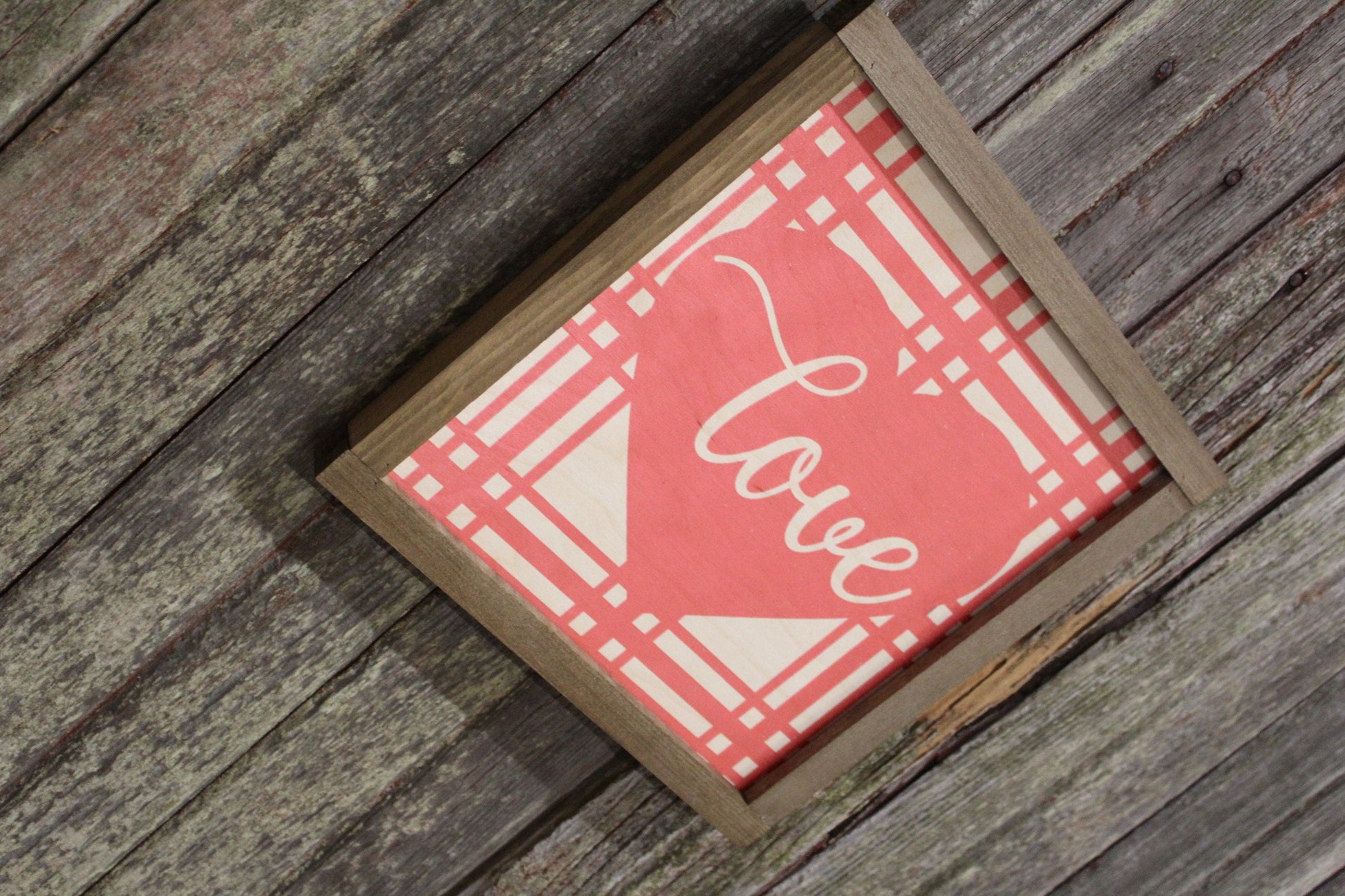 Valentines Wood Sign Love Plaid Valentines Day Hearts Red Pink Brown Framed Print Wall Art Farmhouse Primitive Rustic