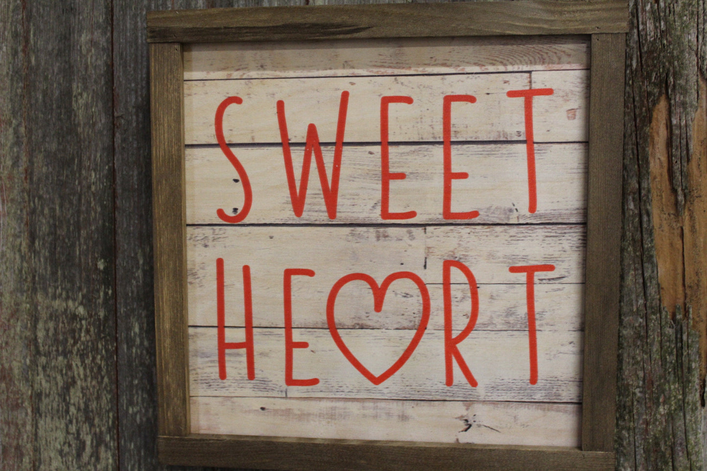 Valentines Wood Sign Sweet Heart Sweetest Day Valentines Day Hearts Red Shiplap Brown Framed Print Wall Art Farmhouse Primitive Rustic Text