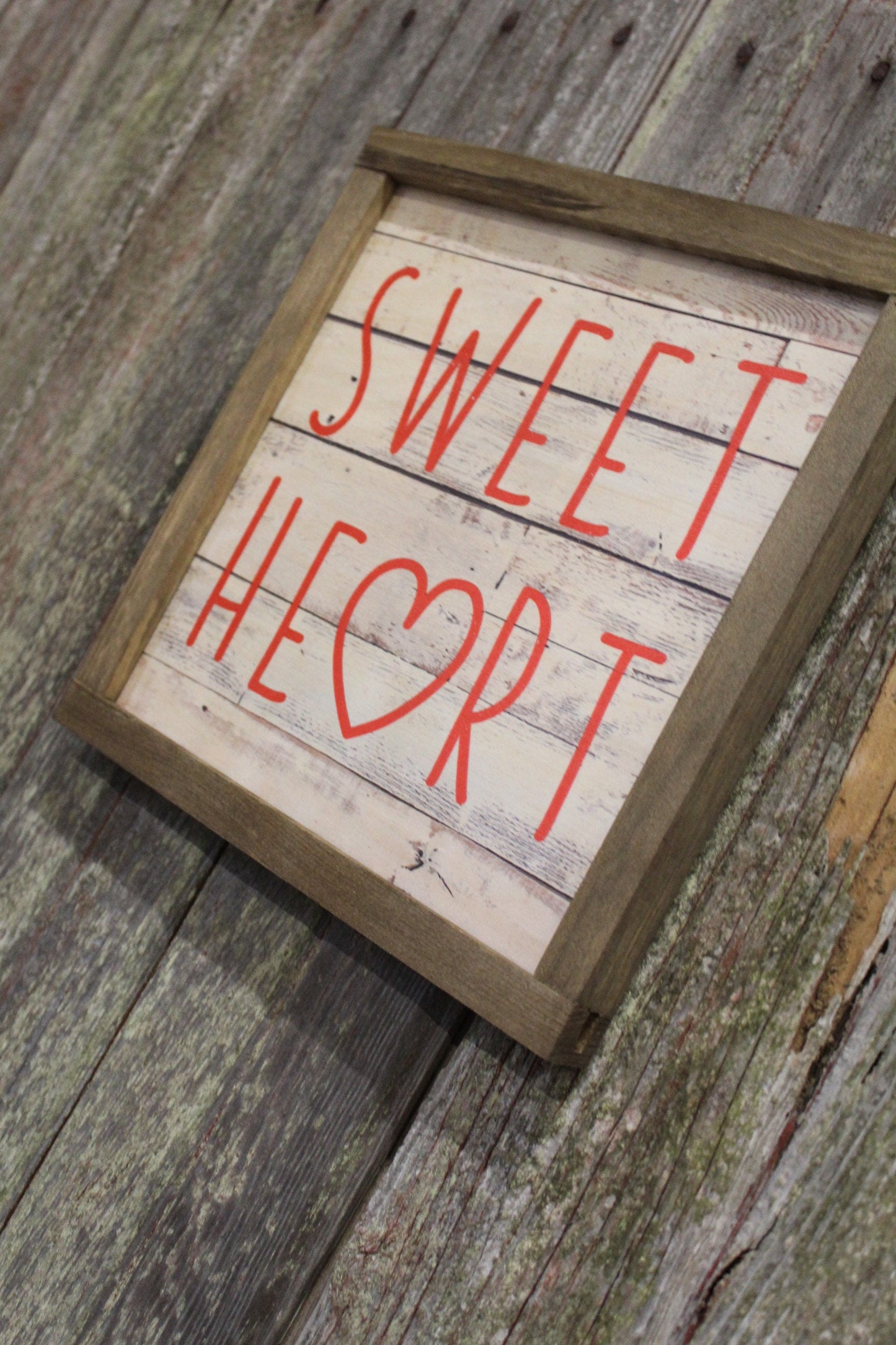 Valentines Wood Sign Sweet Heart Sweetest Day Valentines Day Hearts Red Shiplap Brown Framed Print Wall Art Farmhouse Primitive Rustic Text