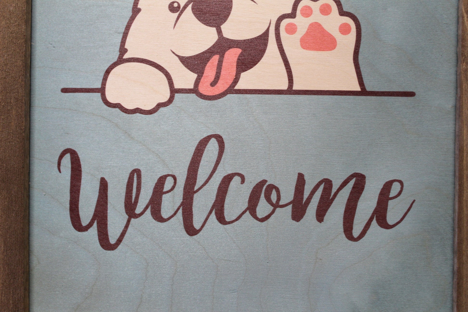American Eskimo Welcome Wood Sign Fluffy Waving Dog Samoyed Puppy Print Wall Art Decoration Wall Hanging Farmhouse Rustic Framed