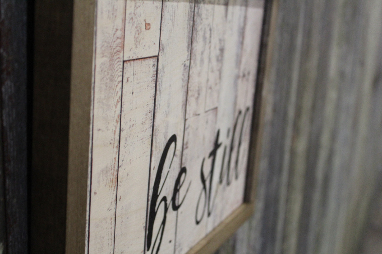 Be Still Wood Sign Script Text White Shiplap Brown Farmhouse Frame Encouragement Print Art Primitive Rustic Barn Wood