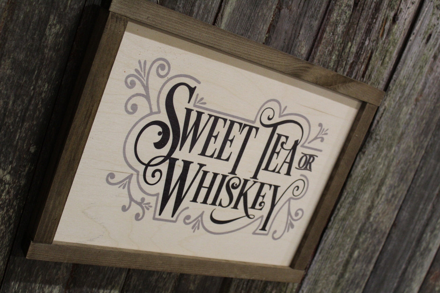 Sweet Tea or Whiskey Wood Sign Farmhouse Wall Decor Picture Print Primitive Rustic Barn Wood Script Text Kitchen Porch Sign Wood Frame