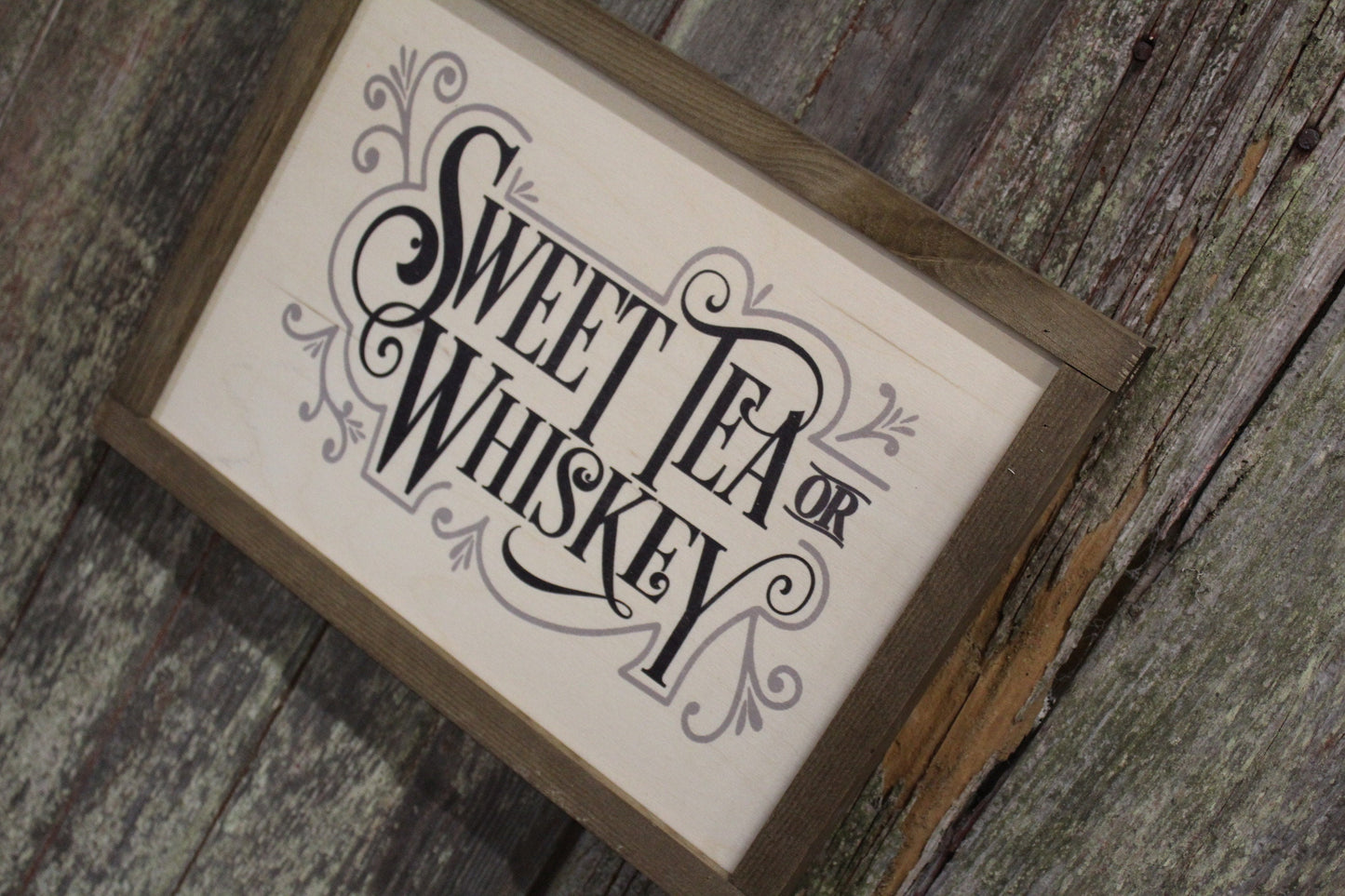 Sweet Tea or Whiskey Wood Sign Farmhouse Wall Decor Picture Print Primitive Rustic Barn Wood Script Text Kitchen Porch Sign Wood Frame