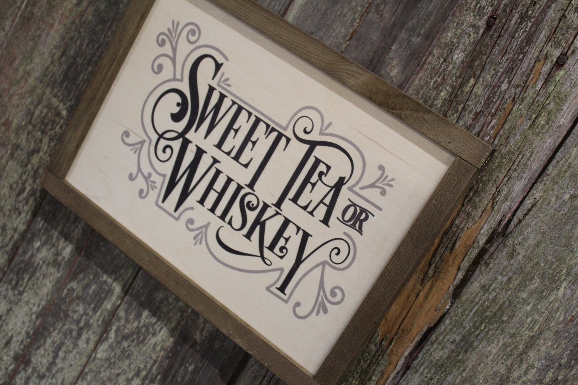 Sweet Tea or Whiskey Wood Sign Farmhouse Wall Decor Picture Print Primitive Rustic Barn Wood Script Text Kitchen Porch Sign Wood Frame