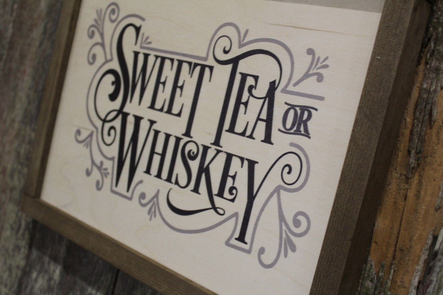 Sweet Tea or Whiskey Wood Sign Farmhouse Wall Decor Picture Print Primitive Rustic Barn Wood Script Text Kitchen Porch Sign Wood Frame