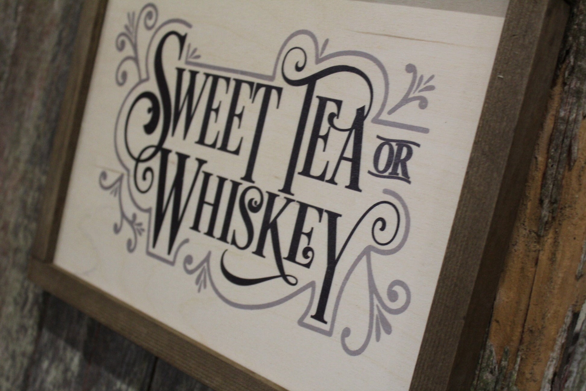 Sweet Tea or Whiskey Wood Sign Farmhouse Wall Decor Picture Print Primitive Rustic Barn Wood Script Text Kitchen Porch Sign Wood Frame