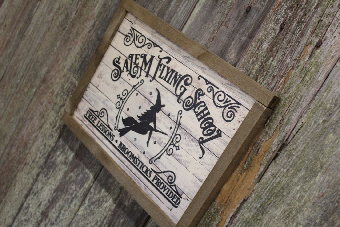 Salem Flying School Wood Sign Halloween Shiplap Rustic Primitive Fall Wall Art Picture Witch Text Script Black Training Broomsticks Lessons
