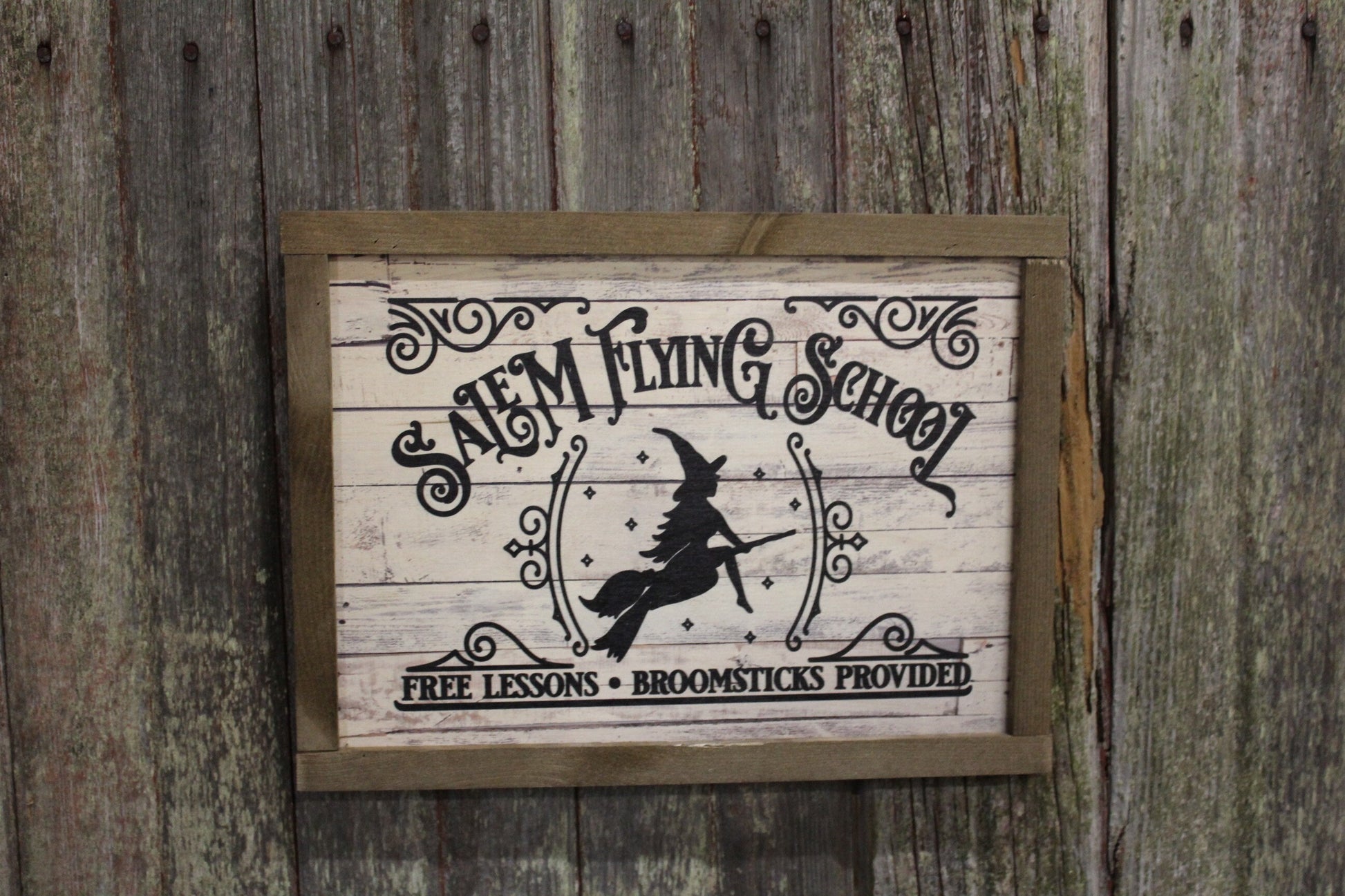 Salem Flying School Wood Sign Halloween Shiplap Rustic Primitive Fall Wall Art Picture Witch Text Script Black Training Broomsticks Lessons