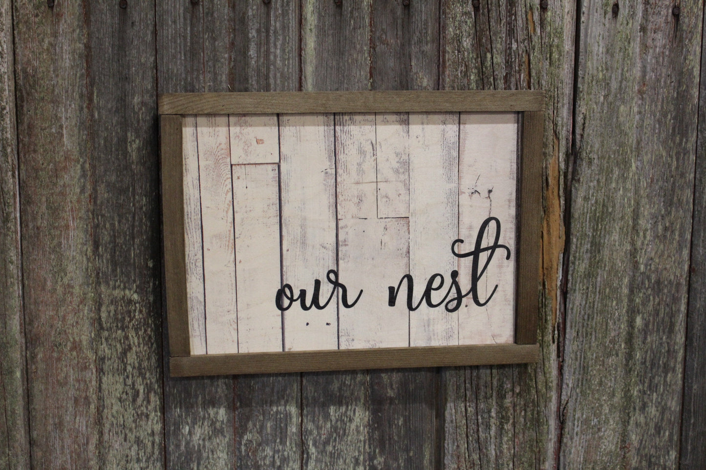 Our Nest Pallet Wood Sign Print Farmhouse Decoration Text House Warming Home Owners Gift Barn Wood Frame Wall Art White Shiplap Script