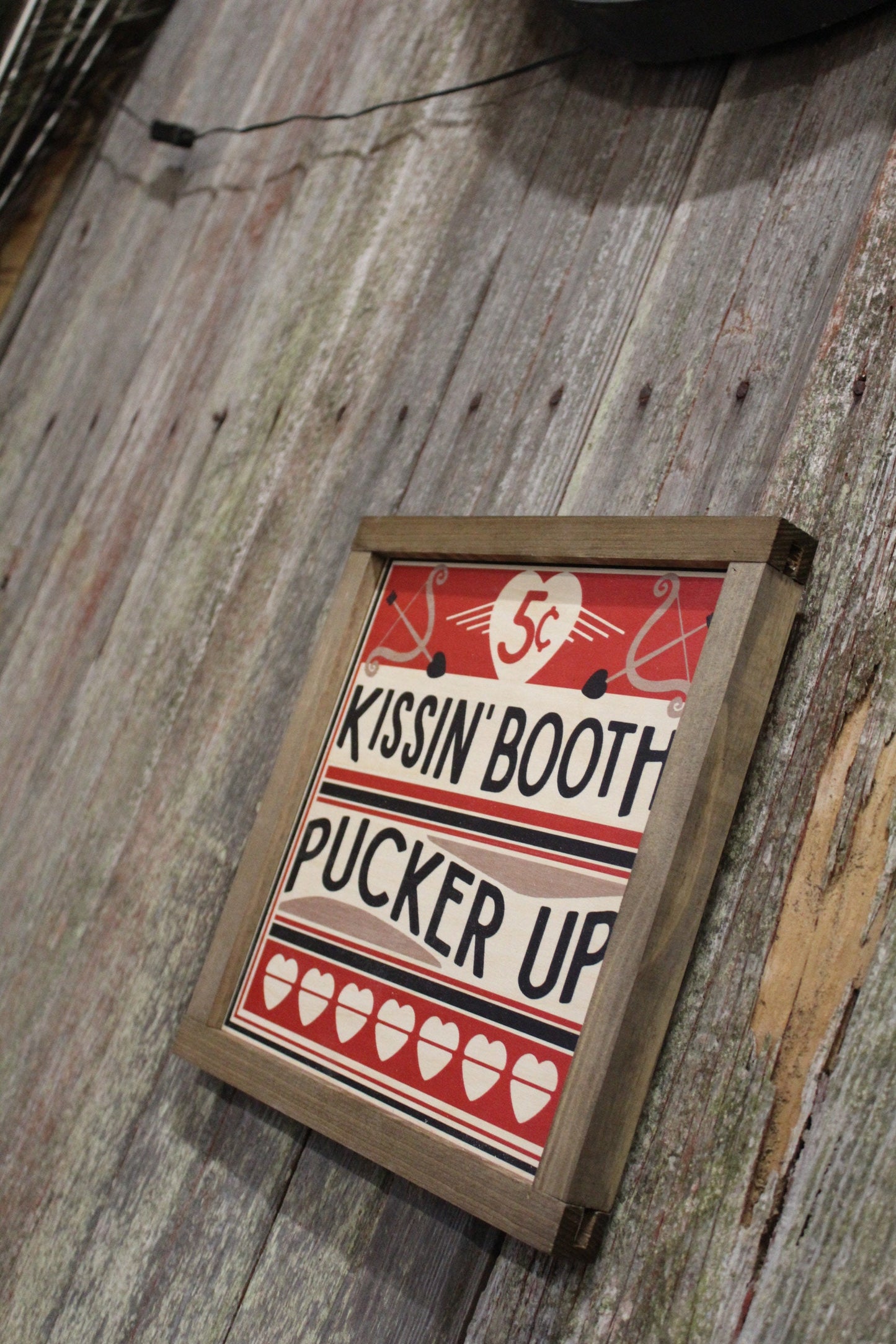 Kissin' Booth Wood Sign Pucker Up Valentines Day Hearts Red Love Kissing Brown Framed Print Wall Art Farmhouse Primitive Rustic Cupids Arrow