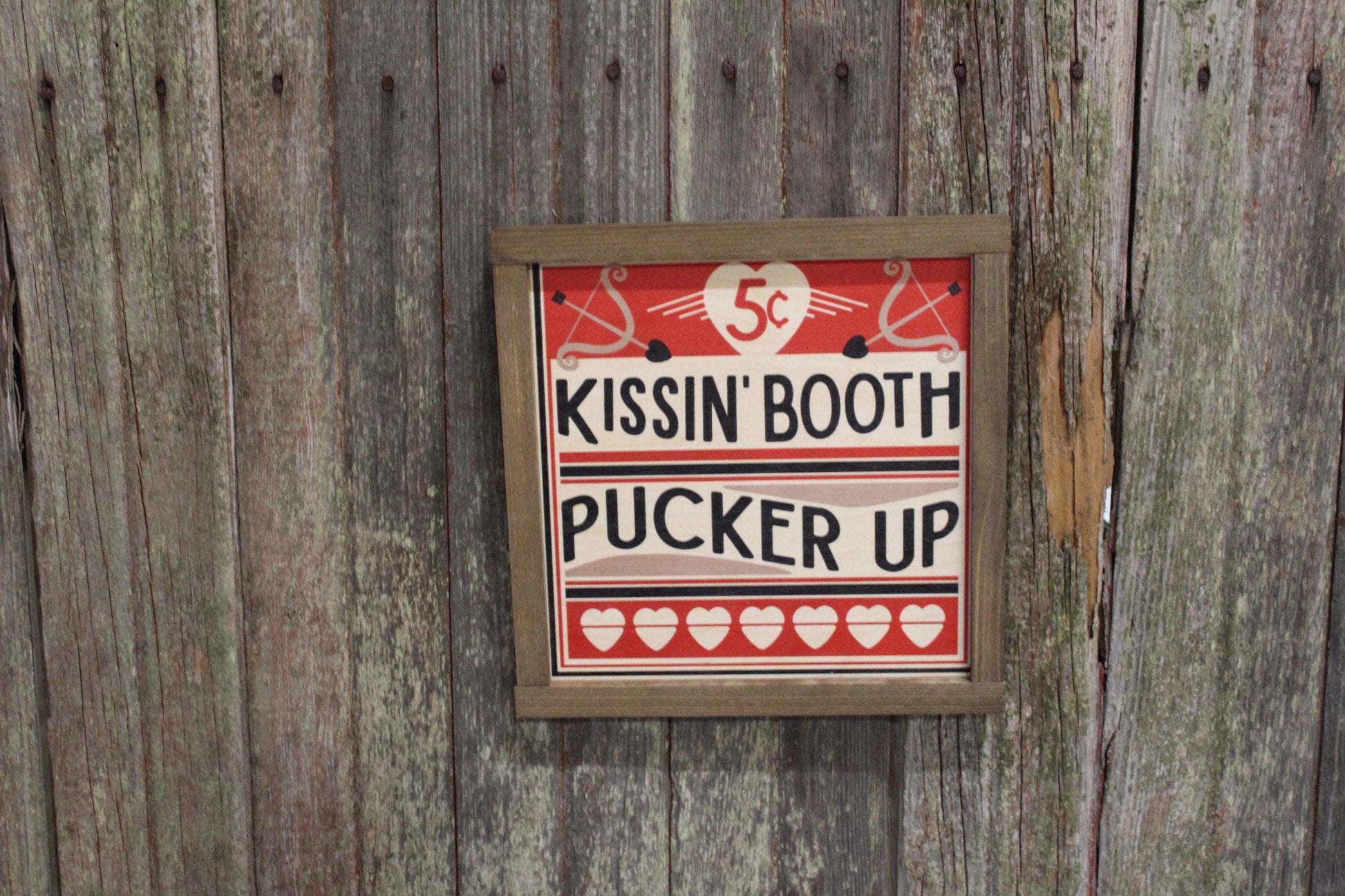 Kissin' Booth Wood Sign Pucker Up Valentines Day Hearts Red Love Kissing Brown Framed Print Wall Art Farmhouse Primitive Rustic Cupids Arrow