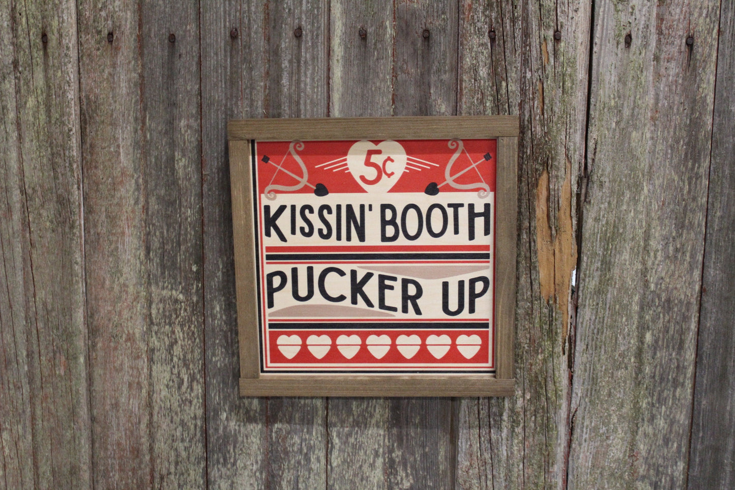 Kissin' Booth Wood Sign Pucker Up Valentines Day Hearts Red Love Kissing Brown Framed Print Wall Art Farmhouse Primitive Rustic Cupids Arrow