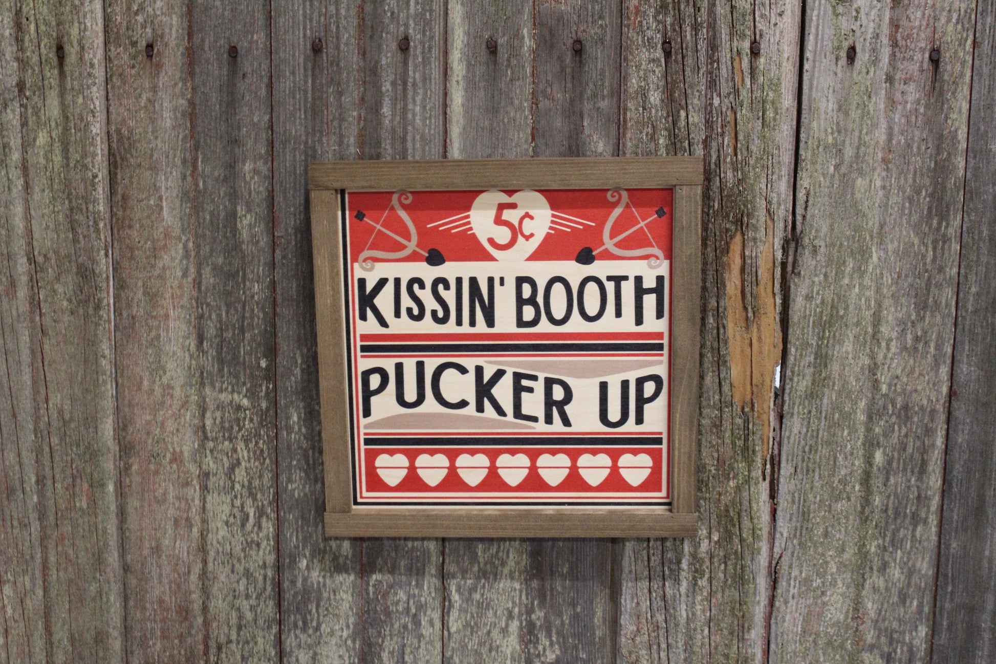Kissin' Booth Wood Sign Pucker Up Valentines Day Hearts Red Love Kissing Brown Framed Print Wall Art Farmhouse Primitive Rustic Cupids Arrow