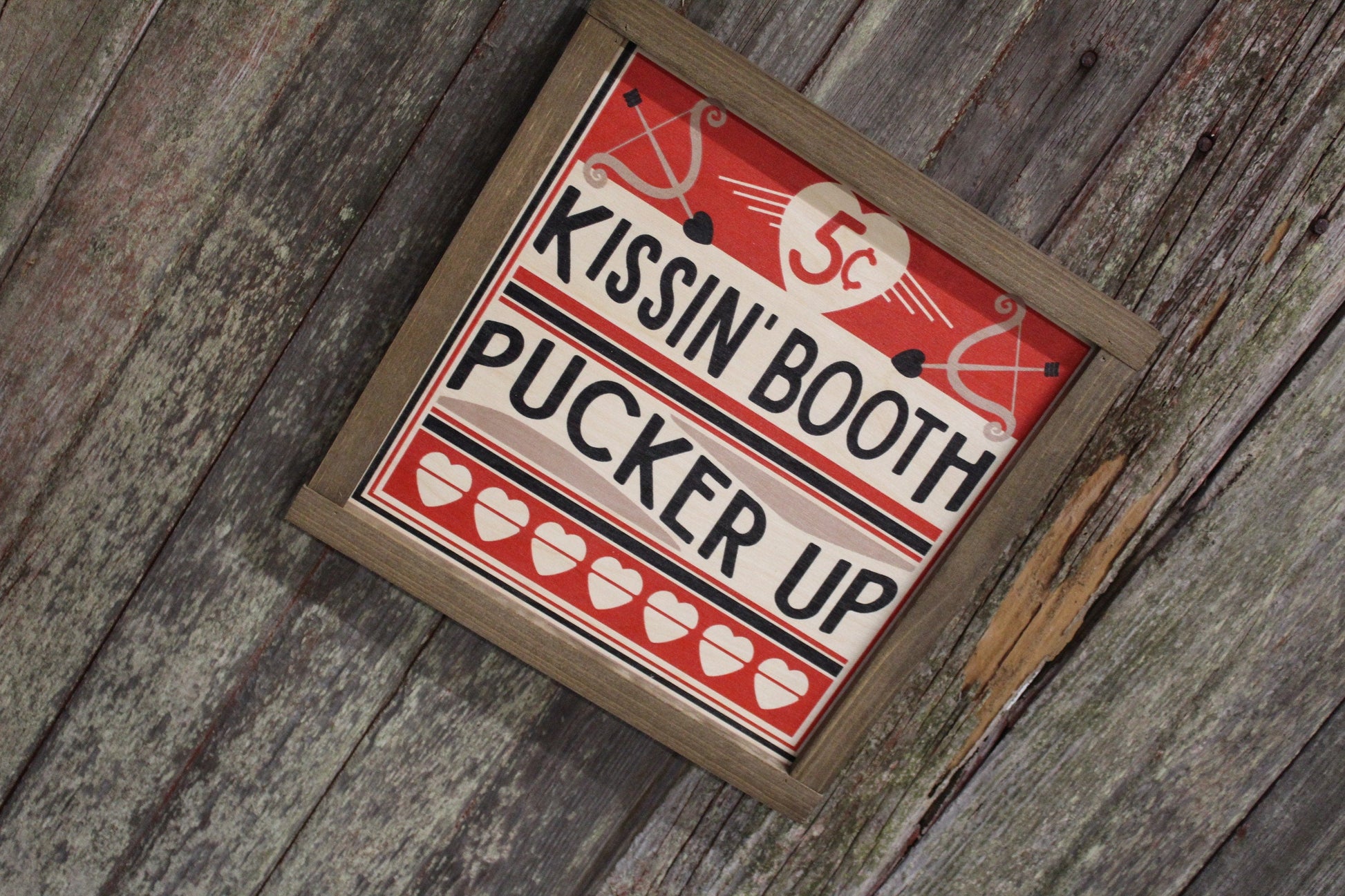 Kissin' Booth Wood Sign Pucker Up Valentines Day Hearts Red Love Kissing Brown Framed Print Wall Art Farmhouse Primitive Rustic Cupids Arrow