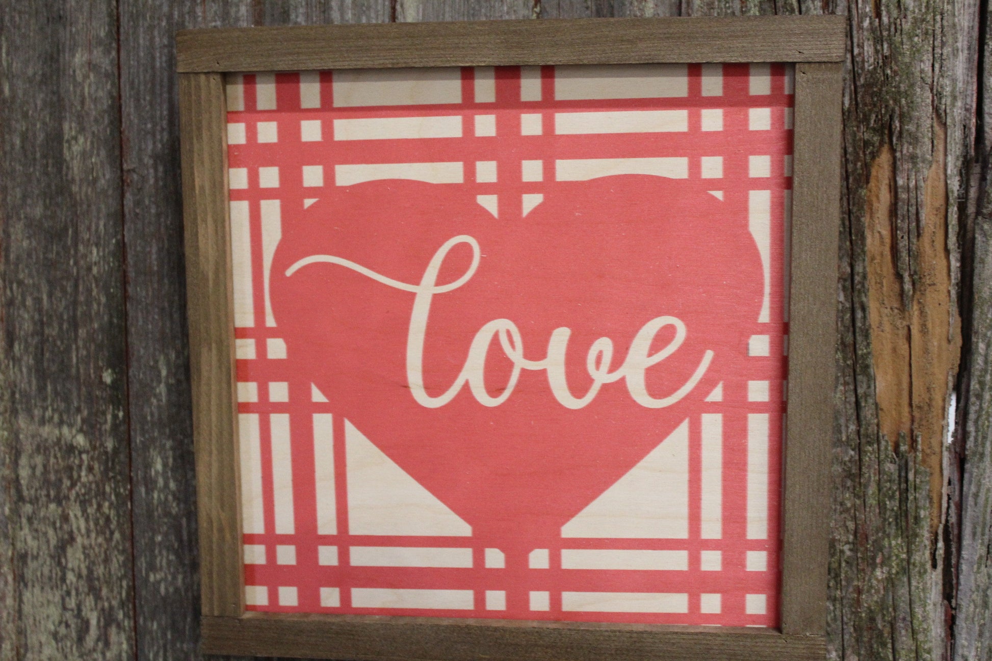 Valentines Wood Sign Love Plaid Valentines Day Hearts Red Pink Brown Framed Print Wall Art Farmhouse Primitive Rustic